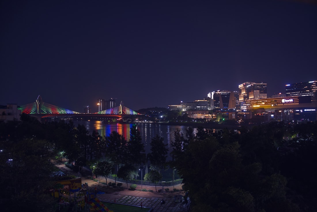 Durgam Cheruvu bridge and HITEC City at night