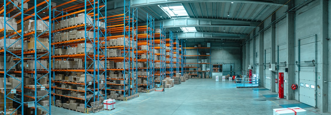 A distribution warehouse with racked inventory
